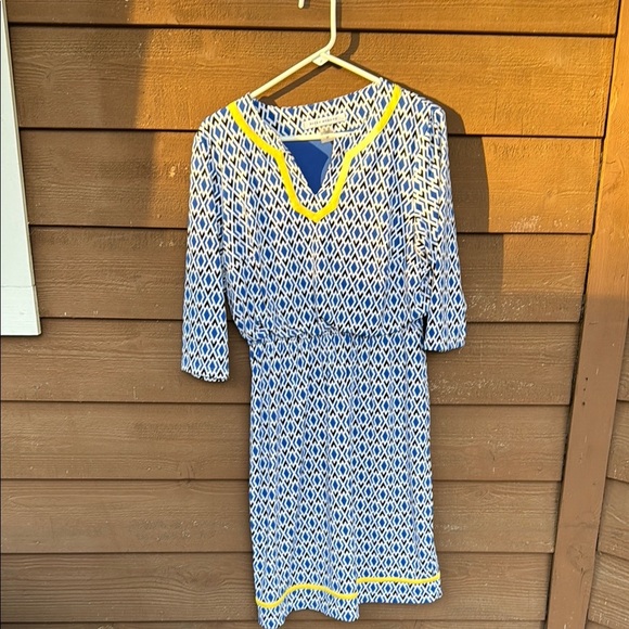 Peter Nygard blue/white with yellow accent dress size M - Picture 1 of 4